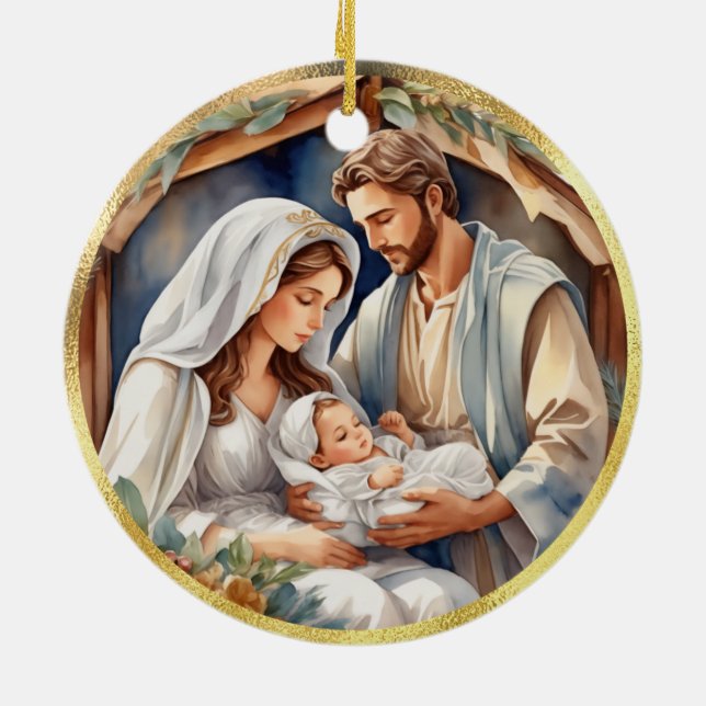 Baby Jesus | Nativity Holiday Card Ceramic Tree Decoration (Back)