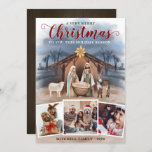 Baby Jesus Nativity Scene Photo Collage Christmas Holiday Card<br><div class="desc">Design features a watercolor printed baby Jesus in a manger with Mary and Joseph. Design also features a lamb or sheep within a nativity scene. The stable is decorated with a gold coloured star with a Bethlehem landscape in the back. The back of the cards feature a watercolor wood design...</div>