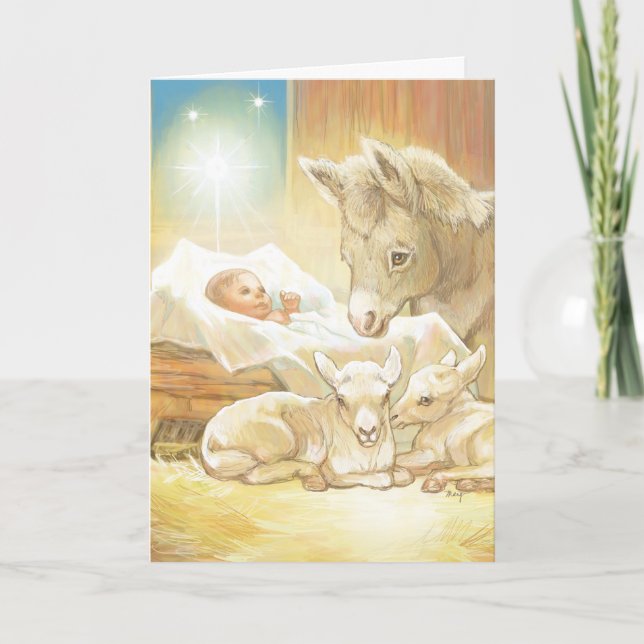 Baby Jesus Nativity with Lambs and Donkey Holiday Card (Front)