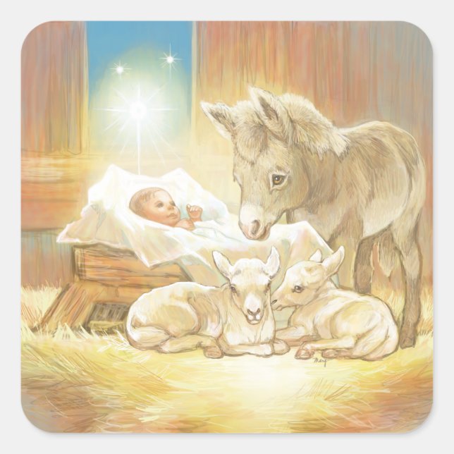 Baby Jesus Nativity with Lambs and Donkey Square Sticker (Front)