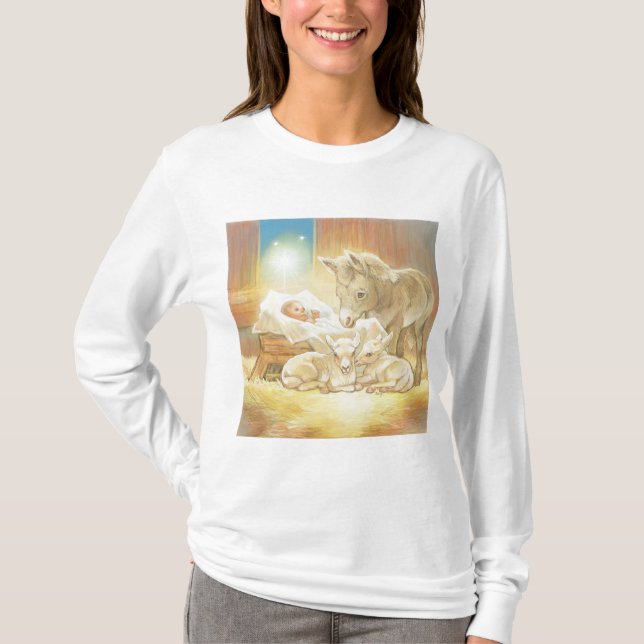 Baby Jesus Nativity with Lambs and Donkey T-Shirt (Front)