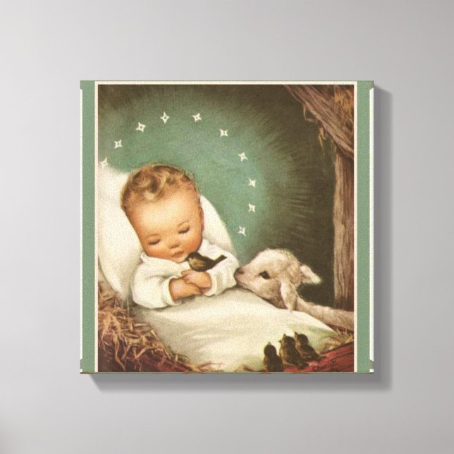Baby Jesus with lamb & bird in manger Canvas Print (Front)