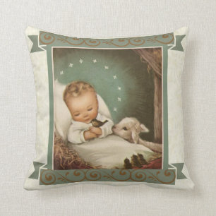 Baby Jesus with lamb & bird in manger Cushion