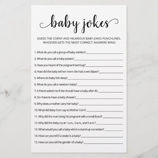 Baby Jokes Baby Shower game with Answers (Front)