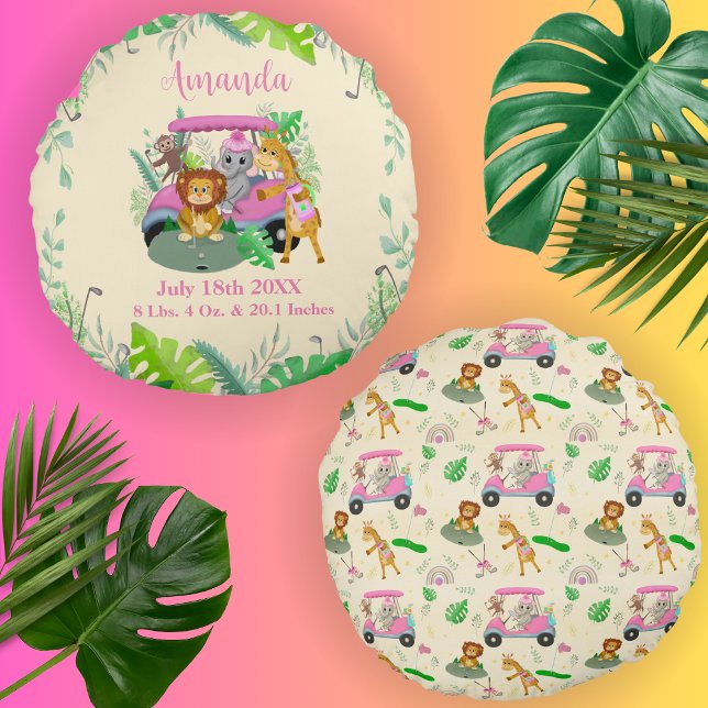  Baby Jungle Animals Golfing Pink  Round Cushion (Creator Uploaded)