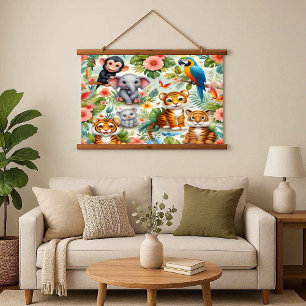 Baby Jungle Animals Tropical Wood Frame Tapestry