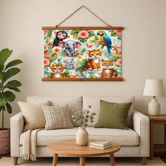Baby Jungle Animals Tropical Wood Frame Tapestry