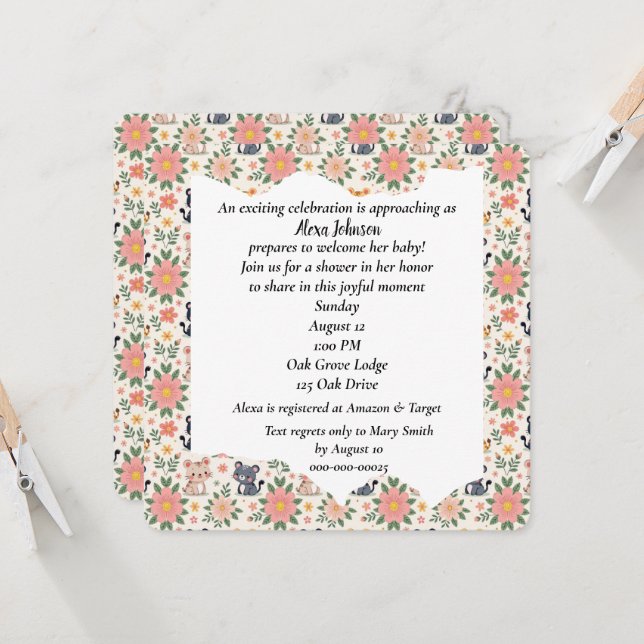 Baby Jungle Cats and Flowers Invitation (Front/Back In Situ)