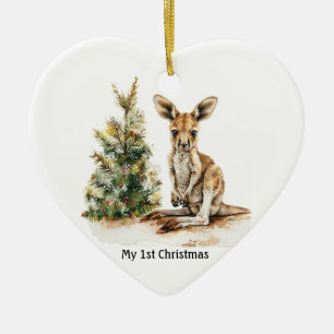 baby kangaroo next to christmas tree, customisable ceramic tree decoration