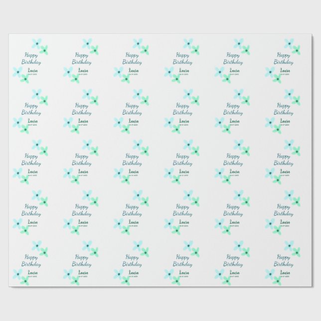 Baby kids 1st birthday add name blue green pastel  wrapping paper (Flat)
