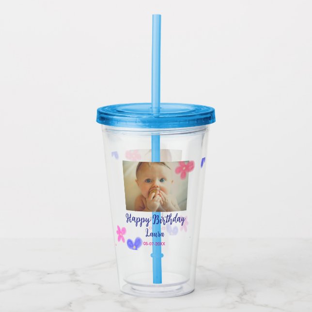 Baby kids 1st birthday add name date add photo acrylic tumbler (Front)