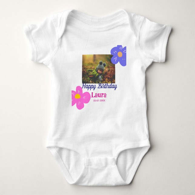 Baby kids 1st birthday add name date add photo baby bodysuit (Front)