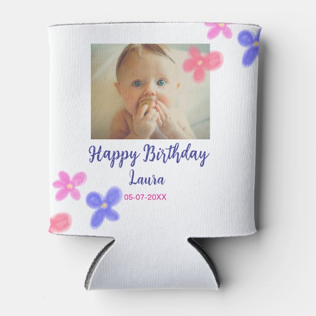 Baby kids 1st birthday add name date add photo can cooler (Front)