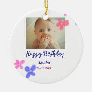Baby kids 1st birthday add name date add photo ceramic tree decoration