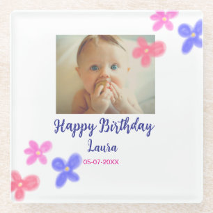 Baby kids 1st birthday add name date add photo glass coaster