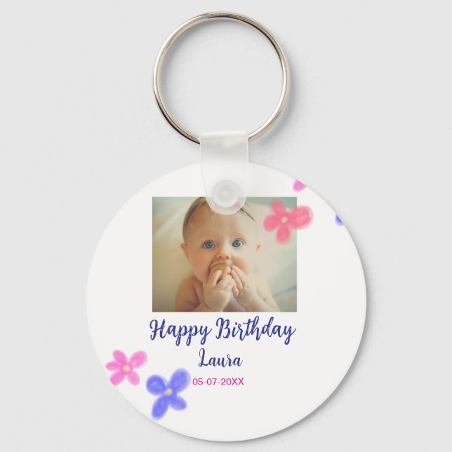 Baby kids 1st birthday add name date add photo key ring (Front)