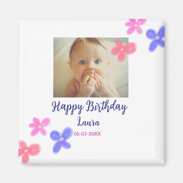 Baby kids 1st birthday add name date add photo magnet (Front)