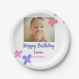 Baby kids 1st birthday add name date add photo paper plate