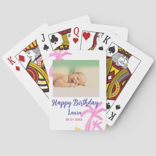 Baby kids 1st birthday add name date add photo playing cards (Back)