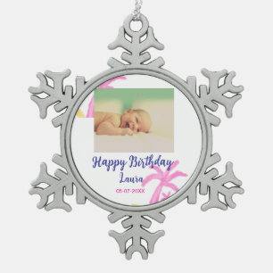 Baby kids 1st birthday add name date add photo snowflake pewter christmas ornament