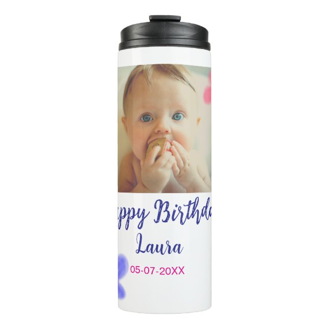 Baby kids 1st birthday add name date add photo thermal tumbler (Front)