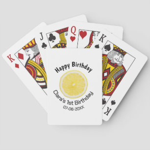 Baby kids 1st birthday lemon slice add name date m playing cards