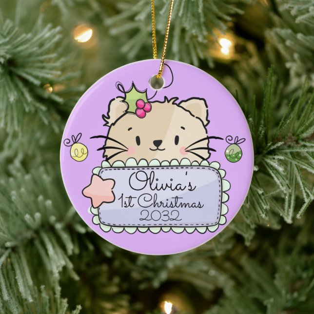 Baby Kitty Cat with Holly First Christmas Ceramic Tree Decoration (Tree)