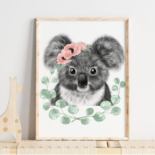 Baby Koala Floral Nursery Print   Koala Print