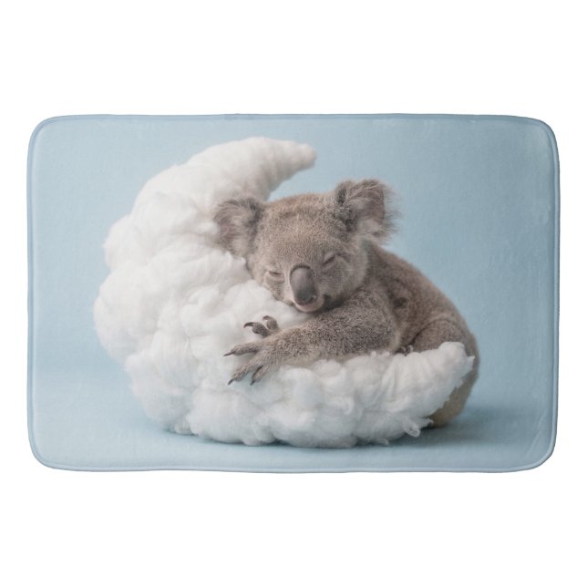 Baby Koala Sleeping Peacefully on a Fluffy Moon Bath Mat (Front)