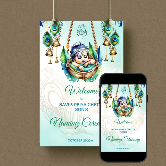 Baby Krishna Naming Cradle Ceremony welcome Poster (Baby Krishna Naming Cradle Namkaran Hindu Ceremony welcome sign Poster editable template download)
