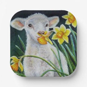 Baby Lamb and Spring Daffodils Watercolor Art Paper Plate