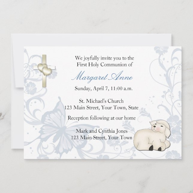 Baby Lamb Blue Religious Invitation (Front)