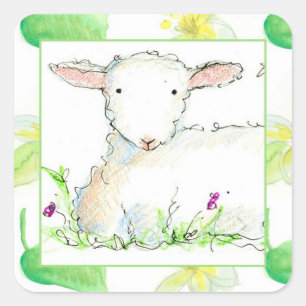 Baby Lamb Farm Animal Sheep Yellow Flowers Square Sticker