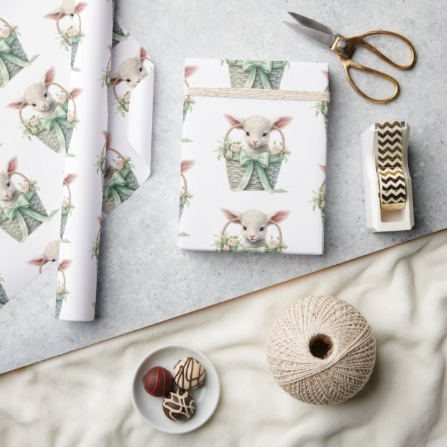 Baby Lamb in Basket Watercolor Baby Shower Wrapping Paper (Crafts)