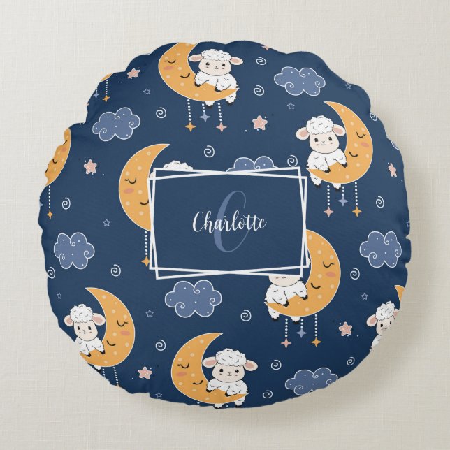 Baby Lamb on Moon Pattern w/ Personalised Message Round Cushion (Front)