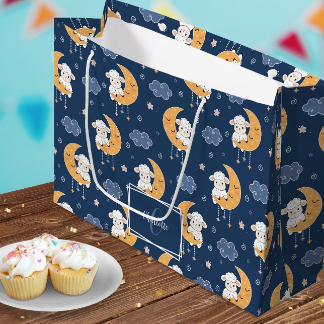 Baby Lamb on Moon Pattern with First Name Large Gift Bag (Creator Uploaded)