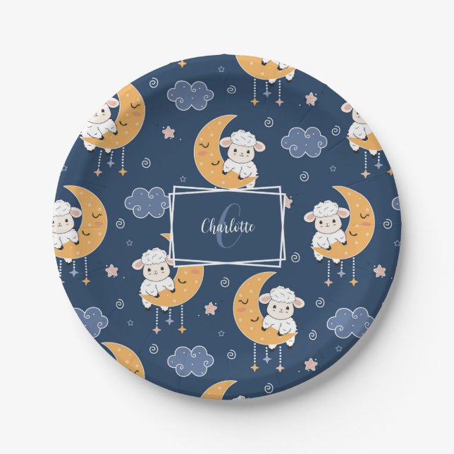 Baby Lamb on Moon Pattern with First Name Paper Plate (Front)