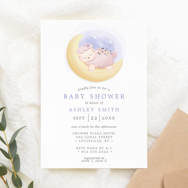Baby Lamb On Moon Watercolor Baby Shower Invitation (Creator Uploaded)