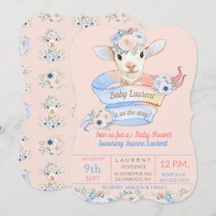 Baby Lamb Pink Blue Gender Neutral Reveal Invitation