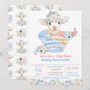 Baby Lamb Pink Blue Gender Neutral Reveal Invitation