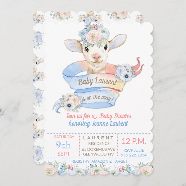 Baby Lamb Pink Blue Gender Neutral Reveal Invitation (Front/Back)
