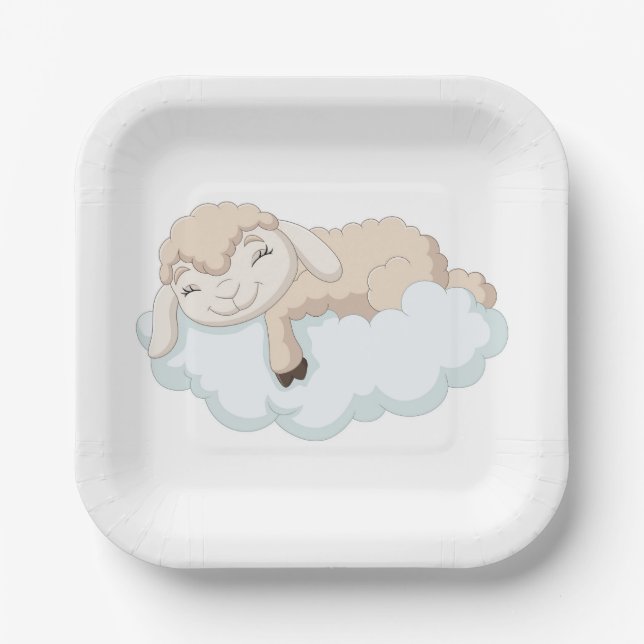 Baby Lamb Sleeping on a Cloud Paper Plate (Front)
