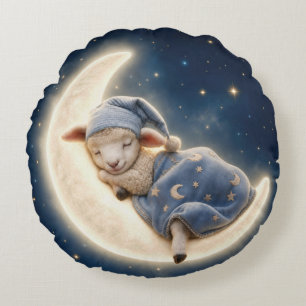 Baby Lamb Sleeping on a Crescent Moon Round Cushion