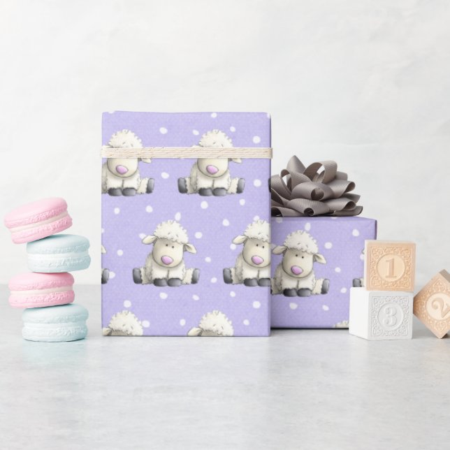 Baby Lambs On Purple Dots Wrapping Paper (Baby Shower)