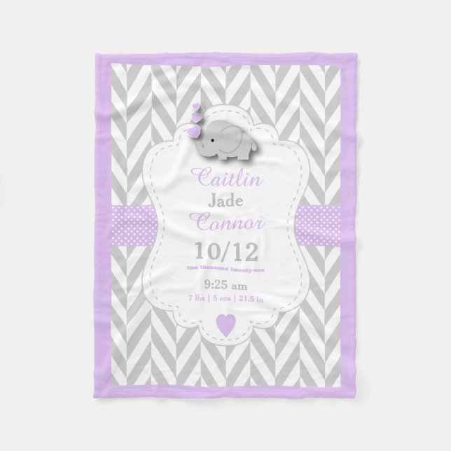 Baby Lavender Elephant Birth Keepsake Design Fleece Blanket (Front)