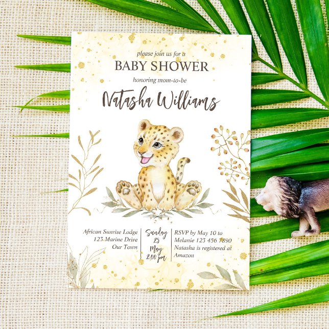 Baby leopard yellow gold brown baby shower invite (Creator Uploaded)