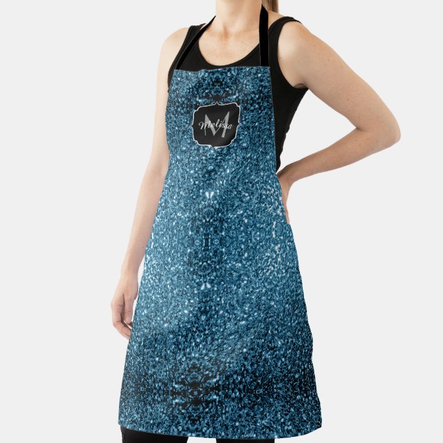 Baby light blue faux glitter sparkles Monogram Apron (Insitu)