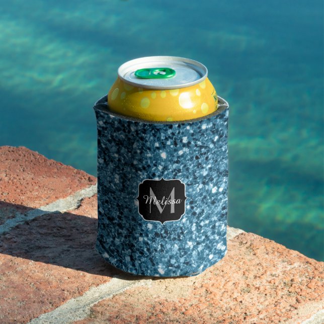 Baby light blue faux glitter sparkles Monogram Can Cooler (In Situ Pool)