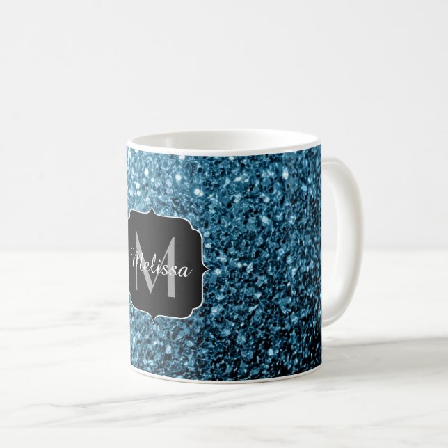Baby light blue faux glitter sparkles Monogram Coffee Mug (Front Right)