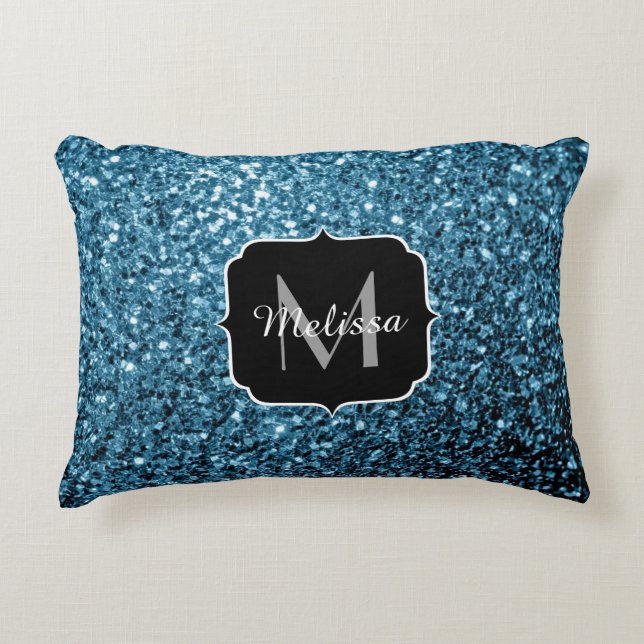 Baby light blue faux glitter sparkles Monogram Decorative Cushion (Front)